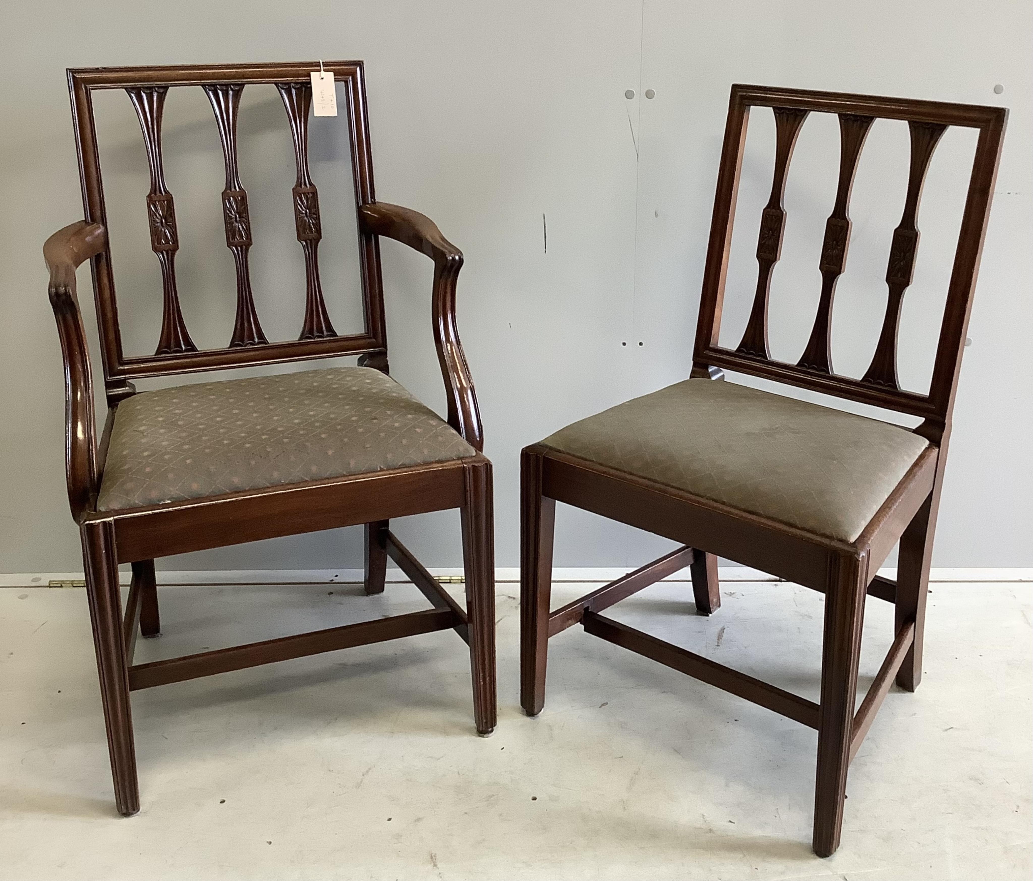 A set of ten Sheraton style mahogany dining chairs, two with arms together with a reproduction banded mahogany twin pillar extending dining table, 300cm extended, depth 91cm, height 72cm. Condition - fair to good